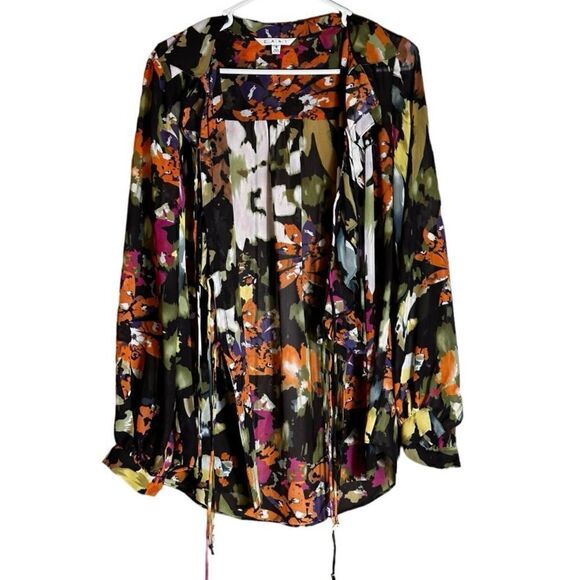 CAbi Floral Tie Front Ruffle Floral Long Sleeve Semi Sheer Blouse Size Small 📦 - Picture 2 of 9